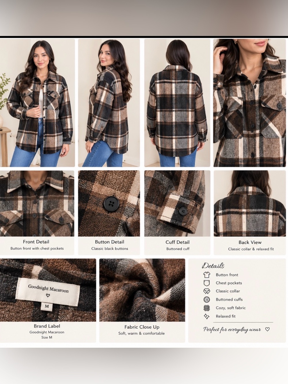 Medium Goodnight Macaroon Brown & Gray Plaid Button-Up Jacket